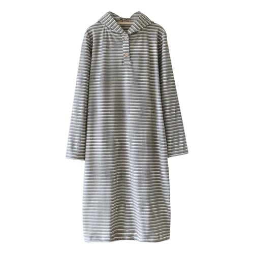 Comfy Striped Hoodies Nightgowns for Women Long Sleeve Button Down Loose Fit Sleepwear Fashion Fall Homewear Shirts Gray