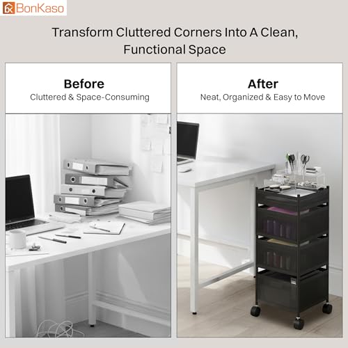 Image of BonKaso 4-Layer Multipurpose Kitchen Trolley with Swivel Storage Basket & 360 Rotating Wheels, Black Steel Frame, Easy Mobility, Space-Saving and Durable