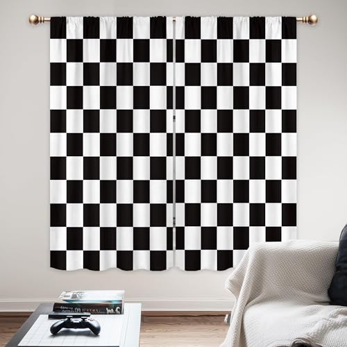 Mitpok Black White Checkered Curtains for Bedroom Kids Nursery Boys Plaid Race Car Retro Curtain 42Wx63H Inch Rod Pocket Abstract Modern Checkerboard 2 Panel Window Treatment Set for Living Room Decor