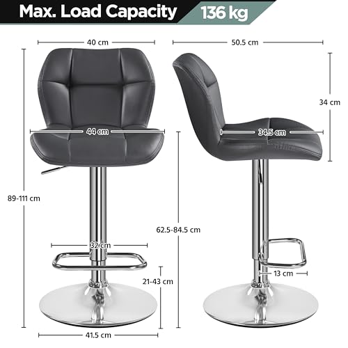 Yaheetech Bar Stools Set of 2, PU Leather Breakfast Bar Chairs, Swivel Height Adjustable Barstools, Counter Stools with Backrest for Home Kitchen Bar Restaurant, Grey - Image 4
