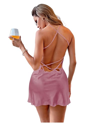 Image of RoseSeek Women's Spaghetti Strap Silk Nightgown Sexy Satin Mini Slip Dress