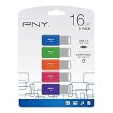 PNY USB 2.0 Flash Drives, 16GB, Assorted Colors, Pack of 5