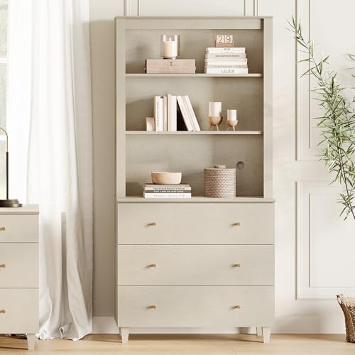 Image of WAMPAT 71 inch Tall Bookcase with 3 Drawers & Open Shelves, 3-Tier Beige Wood Bookshelf with Adjustable Shelf, Modern Floor Standing Wooden Display Bookshelves for Home Office, Living Room, Bedroom