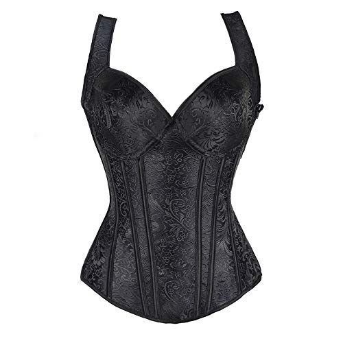 RHISLEO Women Floral Zip up Black Bustier Top Burlesque Basq