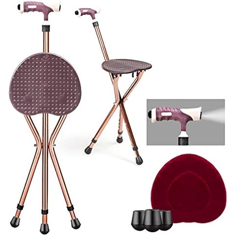 Goplus Adjustable Folding Cane Seat, Aluminum Alloy Crutch Chair with LED Light and Retractable 3 Legs, Outdoor Travel Ads, Anti-Slip Lightweight Walking Stick for Seniors (Coffee) Cover