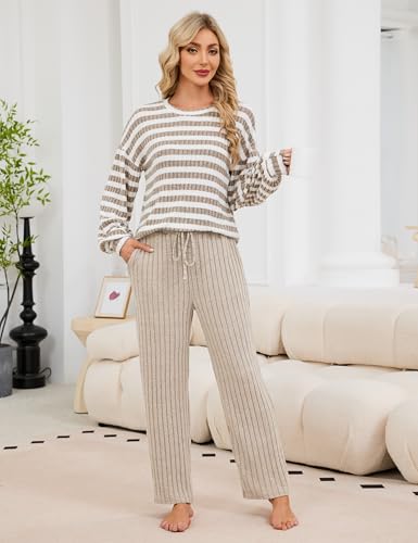 Image of Blooming Jelly Women Ribbed Long Sleeve Pajama Sets Fall Loungewear Pockets