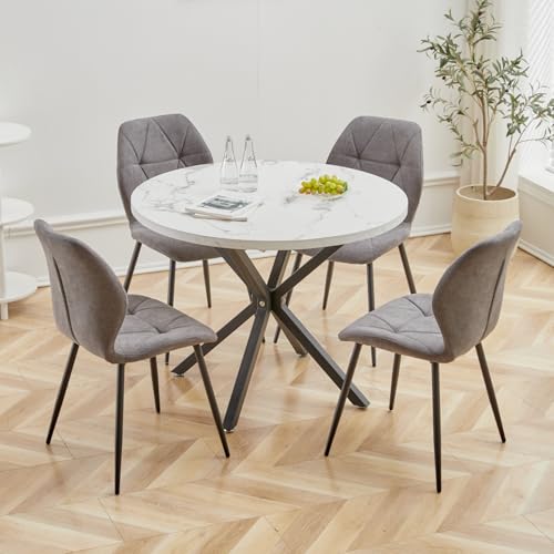 GrandCA HOME Juego de Mesa y Sillas de Comedor, Mesa de Comedor Redonda de 100 CM y 4 Sillas Modernas de Lino, para Comedor, Cocina, Sala de Estar (Mármol B + Gris Oscuro)