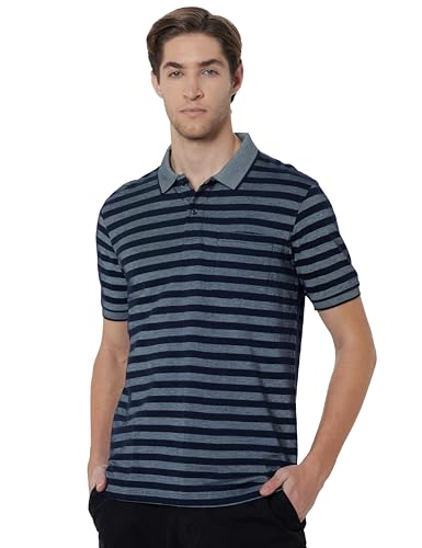 Image of Peter England Men's Cotton-Polyester Blend Striped Polo T-Shirt | Casual Wear | Durable & Trendy