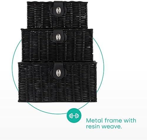LIVIVO Set of 3 Resin Woven Wicker Hamper Basket Storage Box with Lid and Lock (Set of 3 Black)
