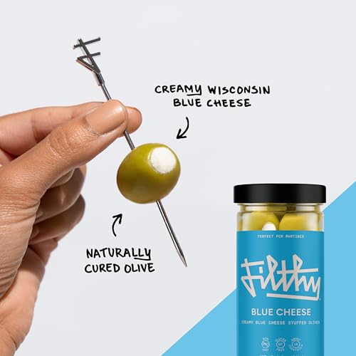 Filthy Blue Cheese Stuffed Olives, Premium Cocktail Garnish, Blue Cheese Stuffed Olives, Naturally Cured Queen Olives Stuffed With Real Wisconsin Blue Cheese for Martinis, 8.5 Oz Jar, 14 Olives