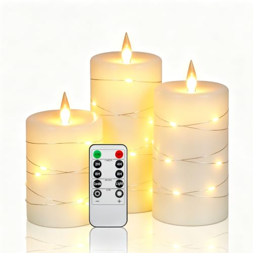 Da by 3 Stück Elfenbein Paraffin LED Kerzen mit Feenlichtkette, Realistische Flackerflamme, Batteriebetriebene Premium Kerzen mit Fernbedienung, Wiederverwendbar für Wohn- und Festdekoration Da by 3 Stück Elfenbein Paraffin LED Kerzen mit Feenlichtkette, Realistische Flackerflamme, Batteriebetriebene Premium Kerzen mit Fernbedienung, Wiederverwendbar für Wohn- und Festdekoration