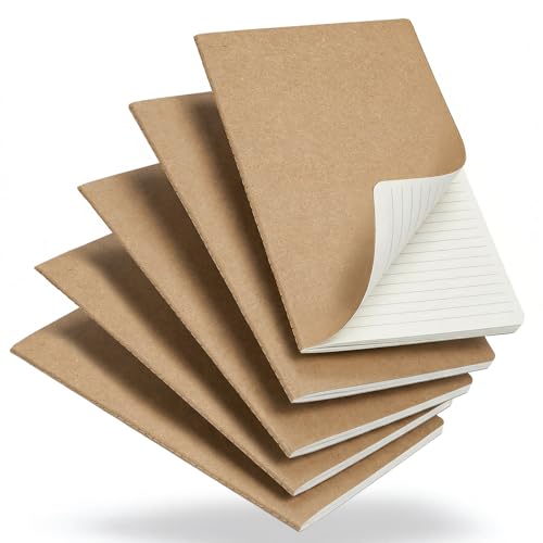 Foliom 5er set Notizbuch A5 Liniert - Kraftpapier Notizheft mit Fadenbindung - 60 Seiten (80g/m²) Beiges Papier - Skizzenheft Klein Flachliegend für Schule, Büro & Reise