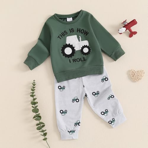 FYBITBO Infant Toddler Baby Boys Fall Clothes Farm Tractor Long Sleeve Shirts Tops and Pants Winter Outfits Clothing Set (Green-This Is How I Roll, 12-18 Months) - Thumbnail 3