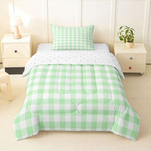Homewish Green Gingham Toddler Comforter Set,White Green Boho Grid Bedding