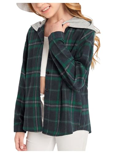 Milumia Girl's Plaid Button Down Jacket Hooded Neck Long Sleeve Casual Outerwear