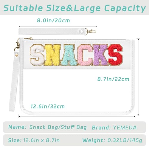 Clear Zipper Pouch PVC Waterproof Nylon Makeup Letter Bag for Women Girls Chenille Letter, for Travel, Cosmetic Bag, Snack Bags, Clear Stuff Bags, For Travel,（White-Snacks）2