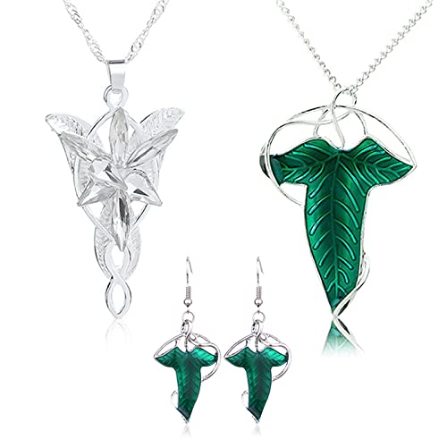 UoYu Juego de joyas Arwen Elven Green Leaf de 3 piezas, para mujeres, ocasiones formales, juego de joyas, Zinc, No es una piedra preciosa