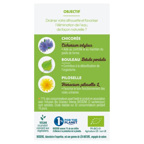 Biosens - Gélule végétale Draineur Excès d'eau - Chicorée, Piloselle et Bouleau - Certifié Bio AB Vegan - Fabriqué en France - Programme de 15 jours - 45 gélules – vue 6