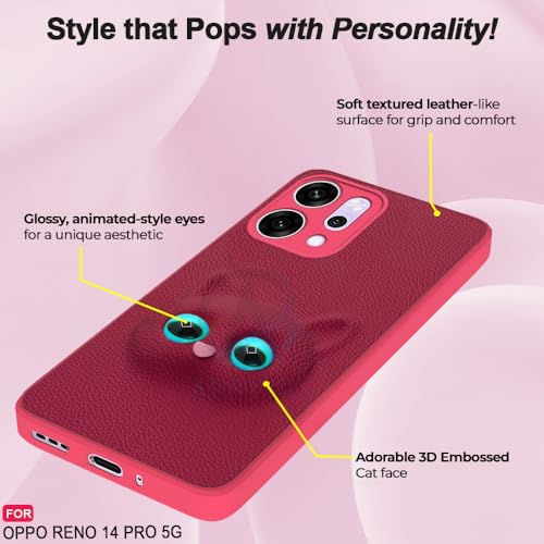 Image of AESTMO Back Case Cover for Oppo Reno 14 Pro 5G Back Cover | 3D Cat Cover | Leather Finish | Full Body Protection | Camera Protection Back Cover for Oppo Reno 14 Pro 5G (Pink)