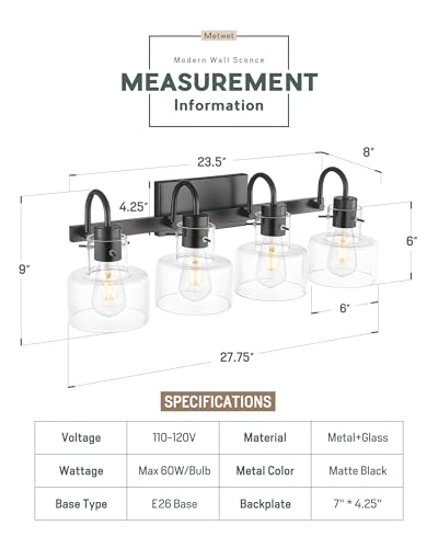 Image of Bathroom Light Fixtures, 4-Light Matte Black Vanity Lights with Clear Glass Shade, 28 Inch Vintage Vanity Lighting Fixtures Over Mirror, VL124-MB-4