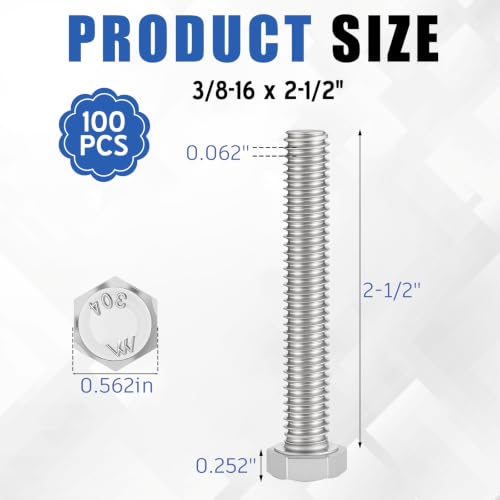 Image of Zonon 100 Pcs 3 /8-16 x 2-1 /2 inch Hex Head Screw Bolt, Silver