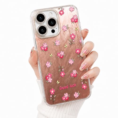 Coque rose iPhone 16 Pro motif floral porte-bonheur cadeau idéal fille