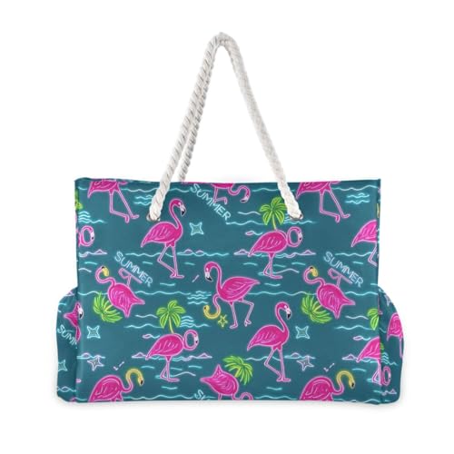 Summer Neon Flamingo Coconut Tree Blue Portable girls beach bag with zipper work tote bags for women with cup holder Good for Travel Pool Swim Beach Vacation Necessities2