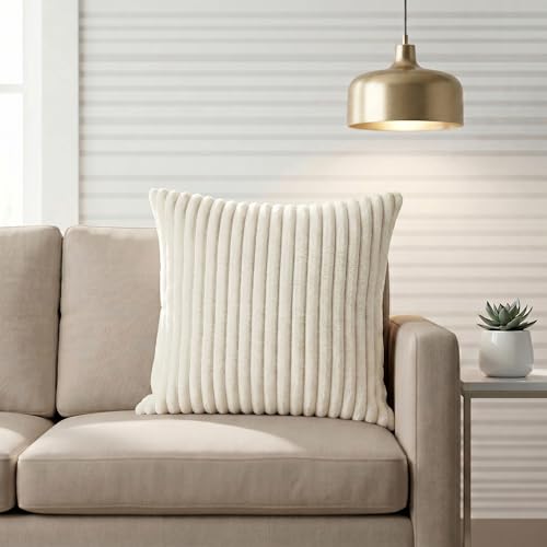 Image of Yellow Weaves Pencil-Stripe Fur Cushion Covers | Soft Polyester | Decorative Sofa & Throw Pillow Covers | 16x16 Inches, Pack of 1 (Ivory)