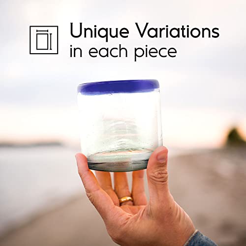 Mexhandcraft Cobalt Blue Rim 8 Oz Dof Rock Glasses (Set Of 6), Recycled Glass, Lead-Free, Toxin-Free (Dof Rocks) #TOP4