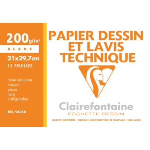Lot de 10 Pochette de 12 feuilles de Papier à Dessin Technique, 200 g/m², A4, blanc