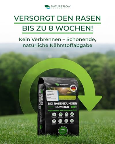 Bio-Rasendünger für den Sommer – TESTSIEGER, Made in Germany – 2,5 kg für 100 m² – Organische Nährstoffe für gesunden Boden und sattgrünes Rasenbild von Natureflow Garden 4