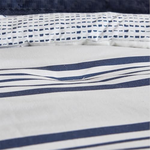 Image of Anne Klein Archer Stripe 4-Piece Cotton Blend Comforter Set - Reversible Bedding with Matching Sham & 2 Decorative Pillows, Oeko-Tex Certified - Navy, Twin