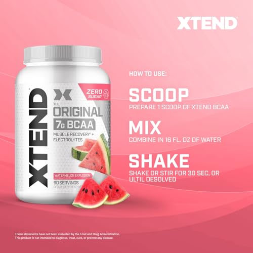 Image of Xtend Original BCAA Powder, 7g BCAAs and 2.5g L-Glutamine for Muscle Recovery Hydration and Lean Muscle, Sugar Free Intra and Post Workout Drink with Electrolytes, Watermelon Explosion, 90 Servings