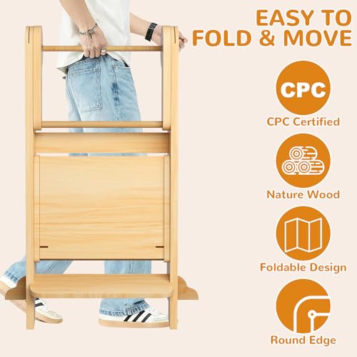 Image of ROOMTEC Foldable Toddler Kitchen Tower, 3 Adjustable Height Wooden Step Stool, Toddler Standing Tower with Safety Net (Natural Wood)