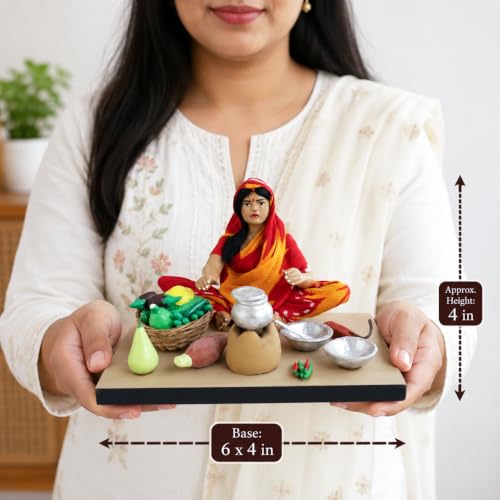 Image of Krishnanagar Handmade Clay Gift & Decor | Standard- Sitting Human Figure Miniature Idol - Mother's Hand Cooking, 10 cm