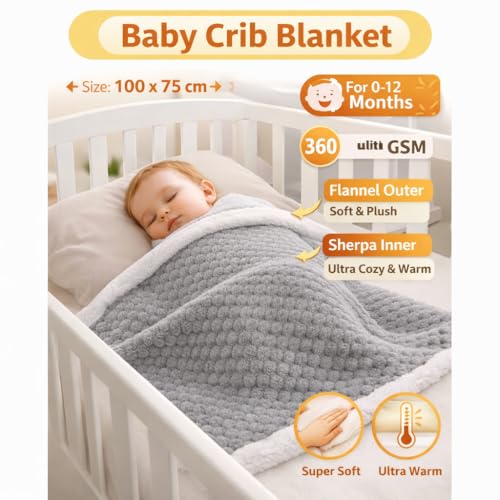 Image of BRANDONN Premium Baby Blanket 100x75 cm - Ultra Soft Flannel Sherpa Newborn Blanket for Winter, AC, Stroller, Crib, Travel (0-12 Months)