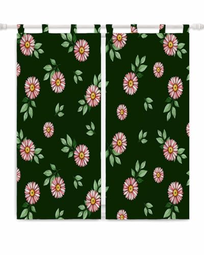 Flower Pink Kitchen Curtains 72 Inch Length,Light Filtering Window Curtains Green Botanical Leaf Garden Floral Black Tab Top Cafe Curtain for Kitchen Bedroom Bathroom Window Treatment Drapes 2 Panels