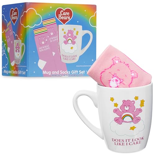 Image of Get Trend Care Bears 11oz Mug and Socks Set, Crew Socks Ceramic Coffee Mug Microwave Safe, Novelty Gifts for Women, Wife, Girlfriend (White /Pink Care Bears)