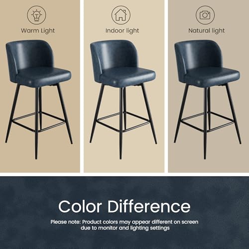 Image of Swivel Bar Stools Set of 4, 26 inch Counter Height Bar Stools with High Back and Metal Legs, Faux Leather Bar Chairs, Modern Barstools for Kitchen Island, Dark Blue