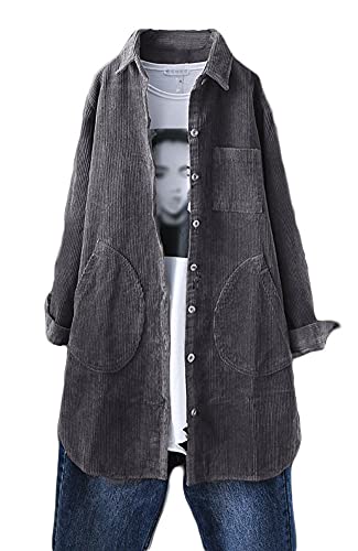 FTCayanz Damen Cord Jacke Übergangsjacke Herbst Button-Down Shirts Lang...