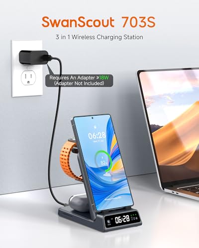 Image of SwanScout 703S Charging Station for Samsung S26 Ultra, 3-in-1 Wireless Charger for Galaxy S26+ /S25 /S24 Ultra /S24 /Z Flip /Fold, for Galaxy Watch Ultra /8 /7 /6, for Galaxy Buds3 Pro (No Adapter) (Grey)