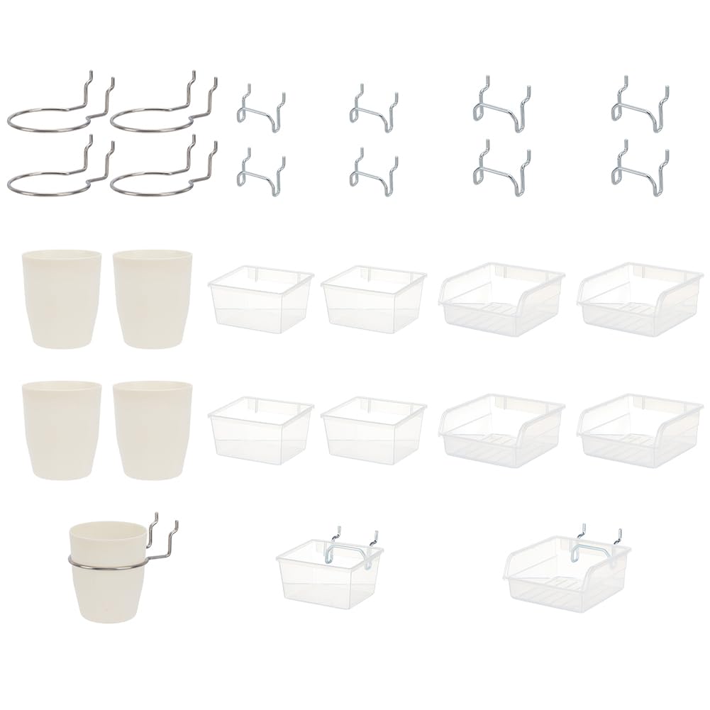 FINGERINSPIRE 15 Sets Pegboard Cups Pegboard Bins Set 3 Styles Supermarket Shelves Metal Pegboard Hook with Plastic Cup and Clear Box Assortment Bins Accessories for Garage Craft Workshop Workbench
