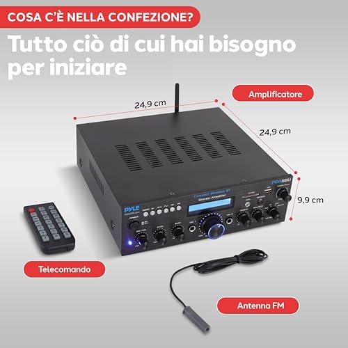 Pyle Wireless Bluetooth Power Amplifier System - 200W Dual Channel Sound Audio Stereo Receiver w/USB, SD, AUX, MIC IN w/Echo, Radio, LCD - For Home Theater Entertainment via RCA, Studio Use - PDA6BU