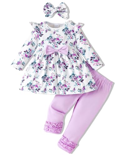 Image of Toddler Baby Girl Clothes Cute Long Sleeve Floral Print T Shirt Ruffle Pants Headband Infant Girl 3PCS Outfits Set