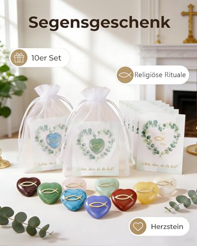 10 Set Gastgeschenke & Mitgebsel & Tischdeko Kommunion Konfirmation Firmung Taufe, Herz Glückssteine + Schön DASS du da bist Karte + Organzasäckchen, Glücksbringer Glückssteine für Kinder Erwachsene