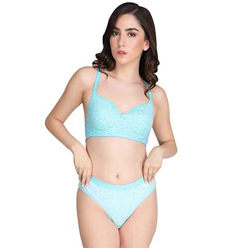 Image of Women Padded Printed Bra Panty - Made of Pure Cotton Full Coverage Non Wired Seamless Pushup Soft Cup for T-Shirt Saree Dress Sports Garment for Daily Use Everyday