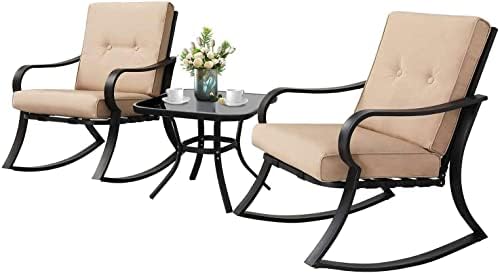 Oakmont Outdoor Furniture 3 Piece Conversation Bistro Set Rocking Chairs and Glass Top Table, Thick Cushions, Black Steel (Brown)