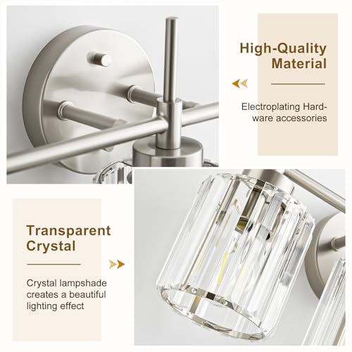 Image of EJIAXIN Crystal Bathroom Vanity Lights, 4 Light Bath Mirror Light Brushed Nickel Round Crystal Wall Mount Light Fixture Over Mirror Morden for Living Room