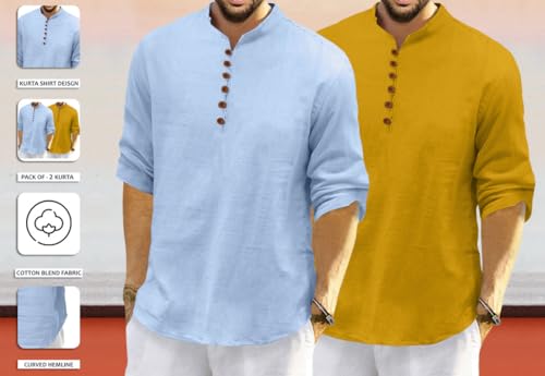 Image of ROYALSCOUT Men's Cotton Polyester Blend Solid Regular Fit Full Sleeve Short Kurta | Ethnic, Lightweight Summer Kurta for Daily & Occasion Use