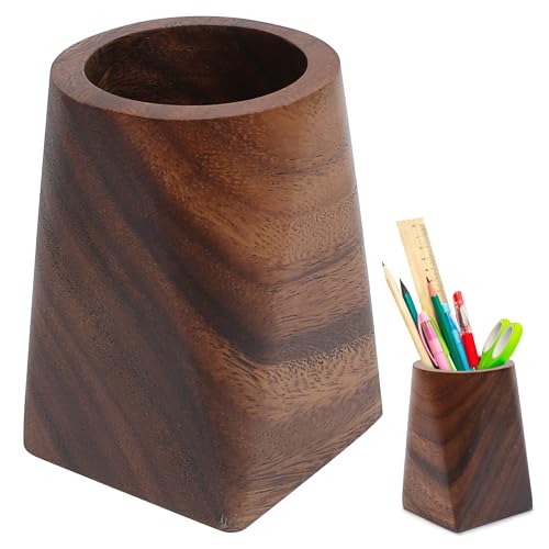 Wooden Pencil Holder, Walnut Wood Pen Cup, Desk Accessories, 4 Inch Organizer Caddy Stand, Vintage Rustic Box for Desktop, Men Supplies, Makeup Brushes, Stationery, Offices Decoration